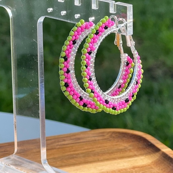 Hand Crafted Jewelry - Watermelon Sea Bead Hoop Earrings